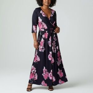 Pinup Fashion Black Pink Floral Faux Wrap Maxi Dress Size 24W NWT